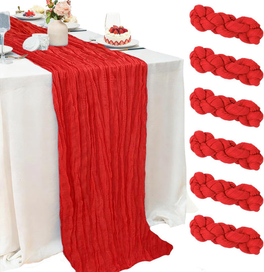 6 Pack Christmas Table Runner Red Cheesecloth Table Runner, 120 Inch Boho Gauze Table Runner, Rustic Sheer Cheese Cloth Fabric for Wedding Bridal Baby Shower Party Centerpiece Home Decor