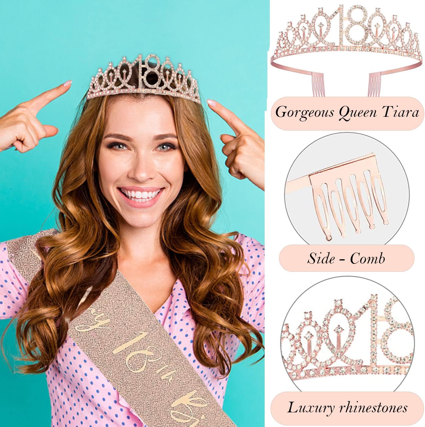 18th birthday decorations for girls, Including 18th Happy Birthday Gifts Queen Sash with Pearl Pin, Sweet Rhinestone Tiara Crown, Cake Toppers, Number Candles and Balloons Set, Rose Gold