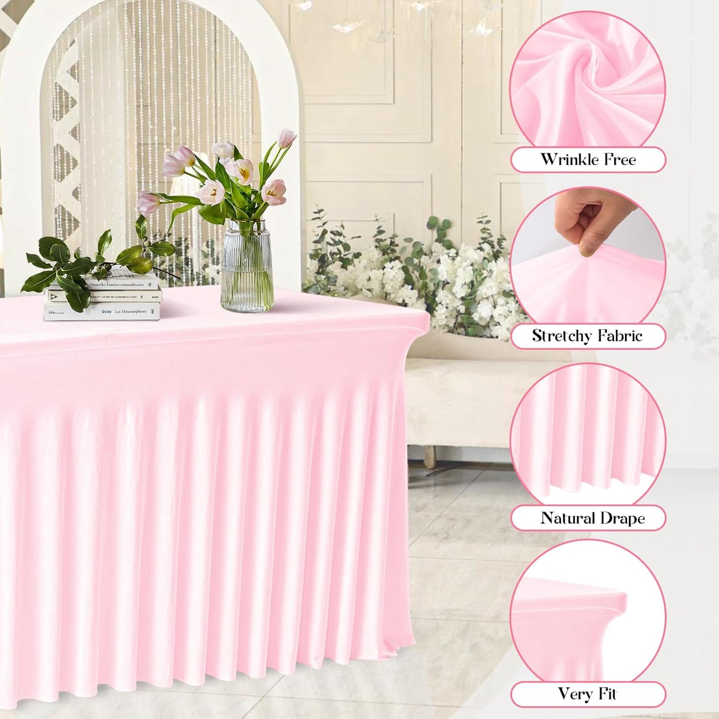 Rectangle Tablecloth 6FT – Pink Fitted Spandex Table Cover, Wrinkle-Free, Stretch Fabric with Elastic Edges for Wedding, Banquet, Party, Buffet, Birthday,Restaurant