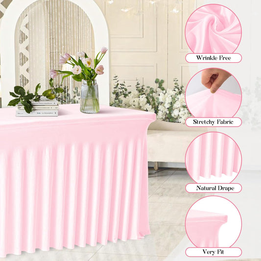 Rectangle Tablecloth 6FT Fitted Table Cover, Pink Wrinkle-Free Spandex Table Cloth, Elastic Edge, Stretch Fabric, 72 Inch for Wedding, Banquet, Birthday Party, Buffet, Restaurant, 2 Pack