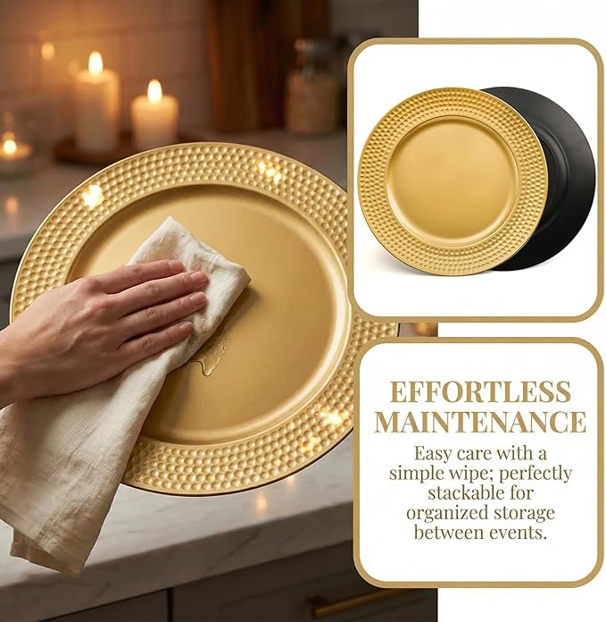 Nicunom 12 Pack Gold Charger Plates, 13 Inch Round Charger Plates with Hammered Rim, Plastic Charger Plate for Wedding Dinner Party Event Decoration