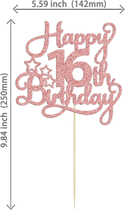 1 Pack Happy 16th Birthday Cake Topper Glitter Sweet 16 Cake Pick Birthday 16th Birthday Cake Decorations for Children 16th Theme Party Supplies Rose Gold