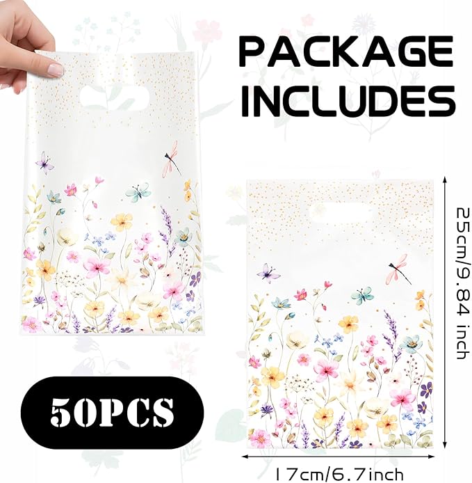 Infankey 50 PCS Wildflower Gift Bags Plastic Spring Floral Goodie Goody Treat Snack Candy Bags for Baby Shower Bridal Shower Birthday Wedding Party