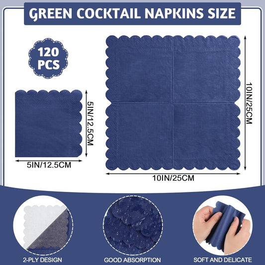 120 Pcs Navy Blue Napkins, Scalloped Blue Cocktail Napkins Disposable Beverage Dessert Napkin Patriotic Napkin for Bar Birthday Baby Shower, 5 x 5 Inch