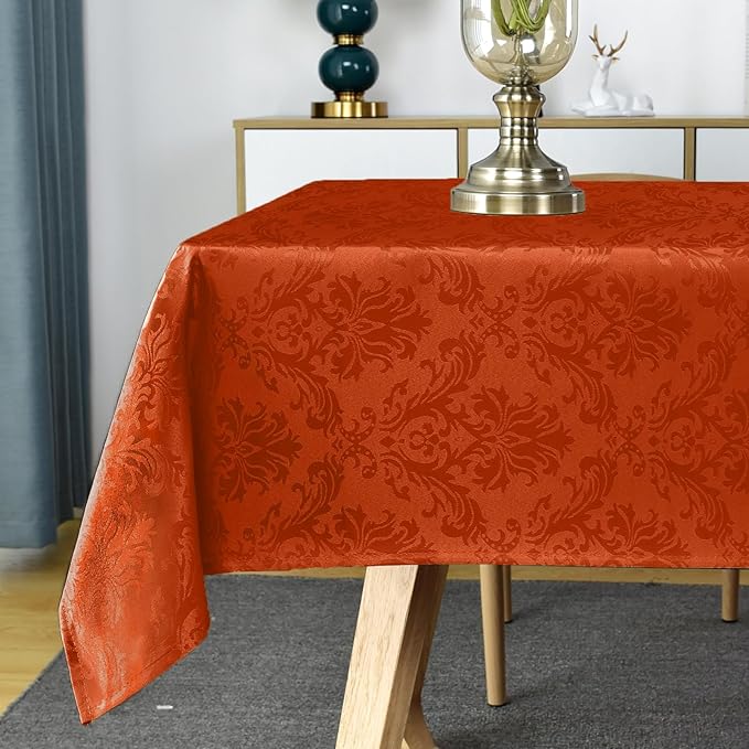 SASTYBALE Jacquard Rectangle Tablecloth, Rusty Spill-Proof Wrinkle Resistant Damask Table Cloth, Soft Polyester Oblong Table Cover for Kitchen Parties Thanksgiving - 52x 70 Inch Rust