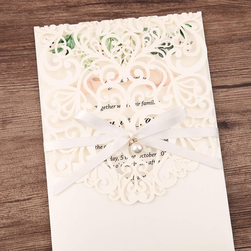 5X7.2 Inch 50PCS Personalized Laser Cut White Wedding Invitations With Rsvp Cards And Envelopes And Ribbon Belly Band Pearl Embellishments Wedding Invitation Cards For Wedding Invite