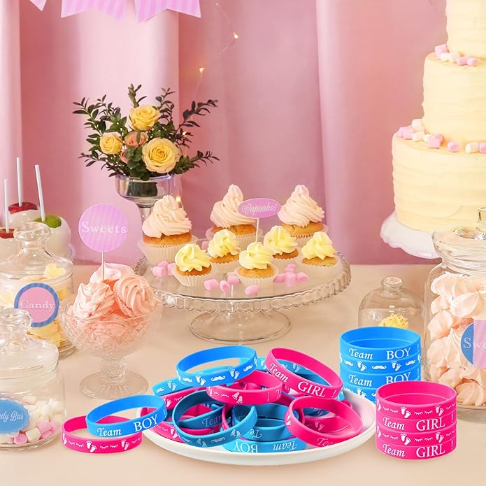 Jetec 60 Pieces Gender Reveal Bracelets, Team Boy Silicone Wristbands and Team Girl Rubber Bracelets for Gender Reveal Ideas Party Supplies Decorations