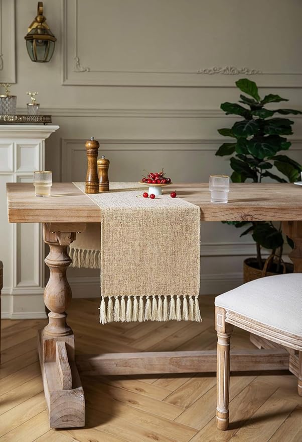 ZeeMart Beige Table Runners 90 Inches Long, Burlap Linen Style Rustic Farmhouse Table Runner, Long Boho Dining Table Runner, 13x90 Inches, Oatmeal Beige