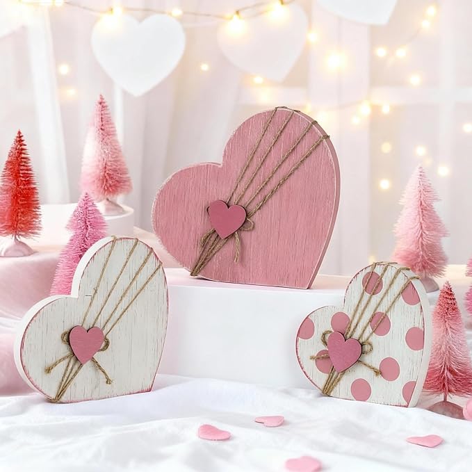 3 Pcs Valentines Day Decor for Table Centerpiece Vintage Wooden Heart Shaped Sign for Tiered Tray Decor with Jute Twine Bows Rustic Farmhouse Boho Valentine Decors for Home Couple Lover Gifts