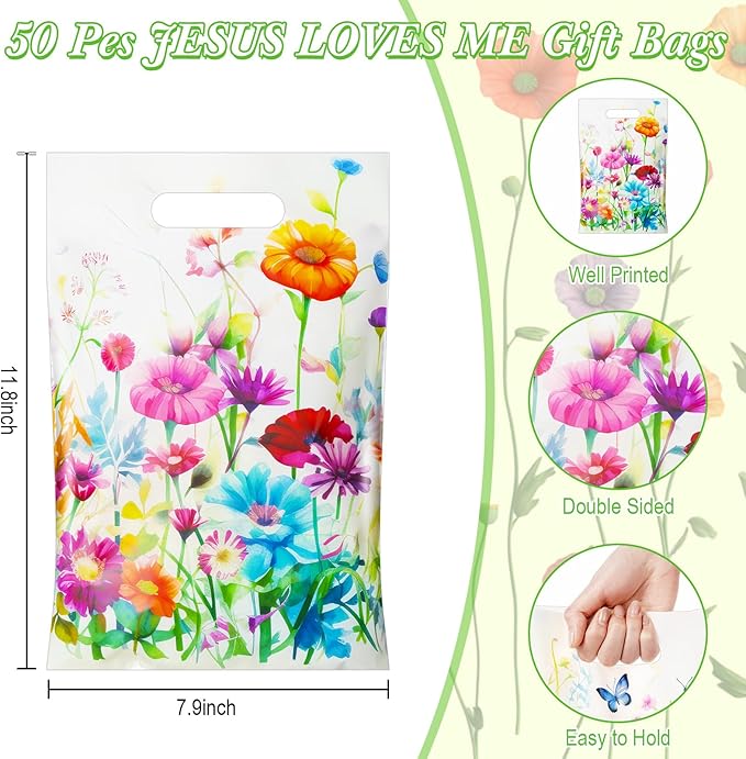 Epakh 100 Pcs Wildflower Gift Bags Bulk Spring Plastic Goody Bags with Handles Wildflower Treat Packing Floral Butterfly Candy Gift Decoration for Baby Shower Summer Floral Birthday Party Supplies