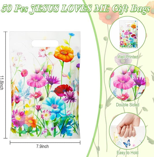 Epakh 100 Pcs Wildflower Gift Bags Bulk Spring Plastic Goody Bags with Handles Wildflower Treat Packing Floral Butterfly Candy Gift Decoration for Baby Shower Summer Floral Birthday Party Supplies
