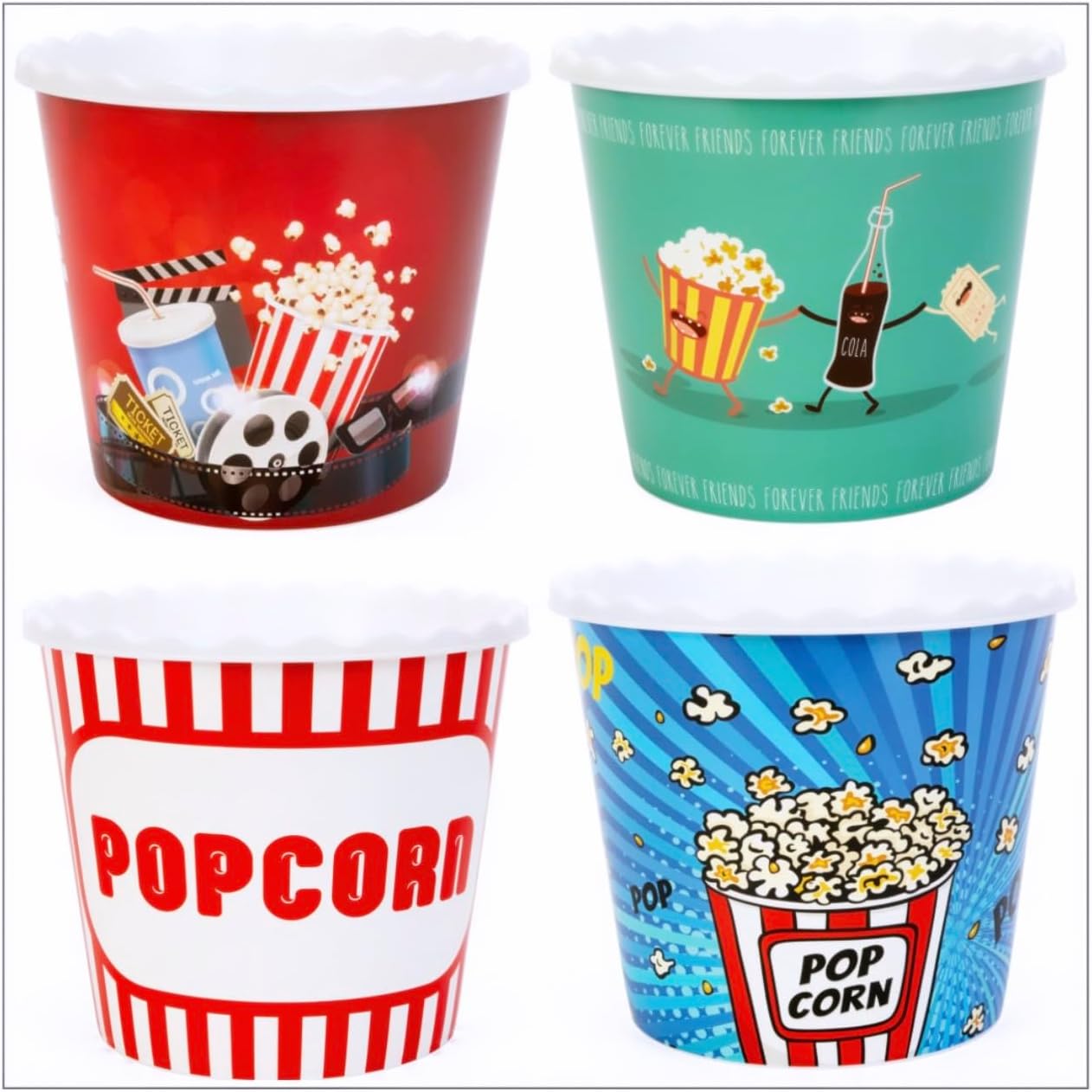 Modern Style Reusable Plastic Popcorn Box/Popcorn Containers/Popcorn Bowls Set for Movie Theater Night - (BPA Free - 4 Pack - 75 oz) (Popcorn Mix G)