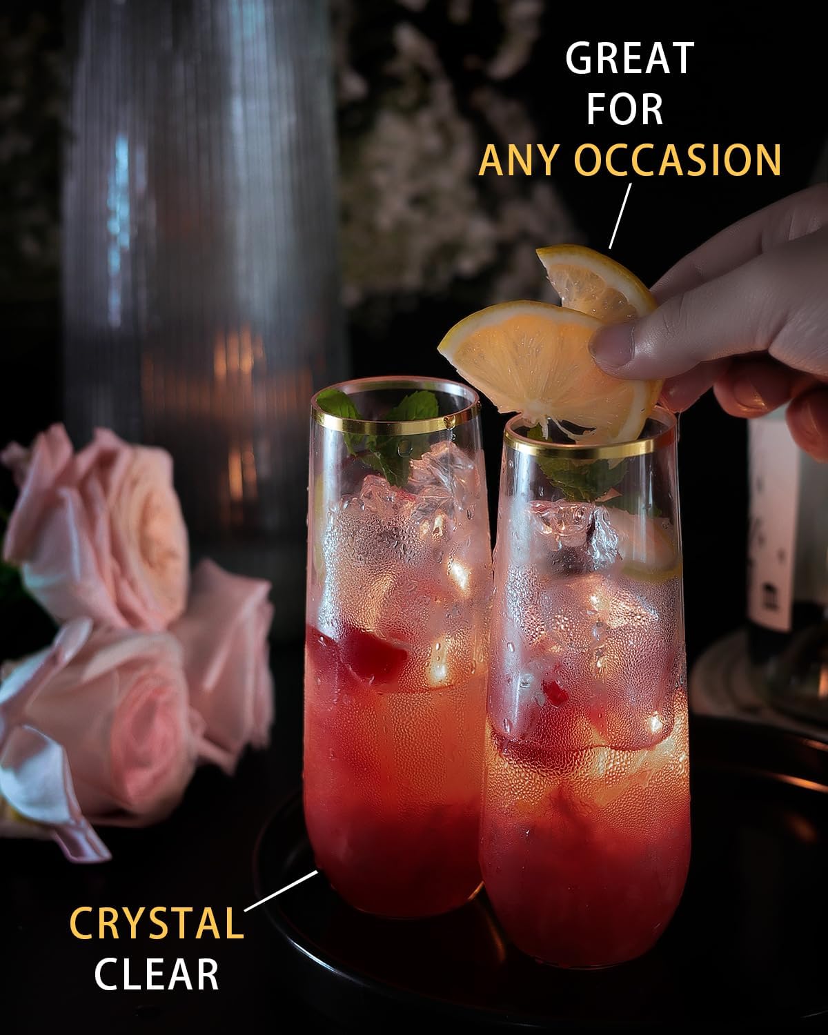 48 Pcak Champagne Flutes Plastic, 9 Oz Disposable Stemless Mimosa Gold Rim Toasting Glasses, Clear Crystal Plastic Cocktail Cups for Party Wedding Birthday