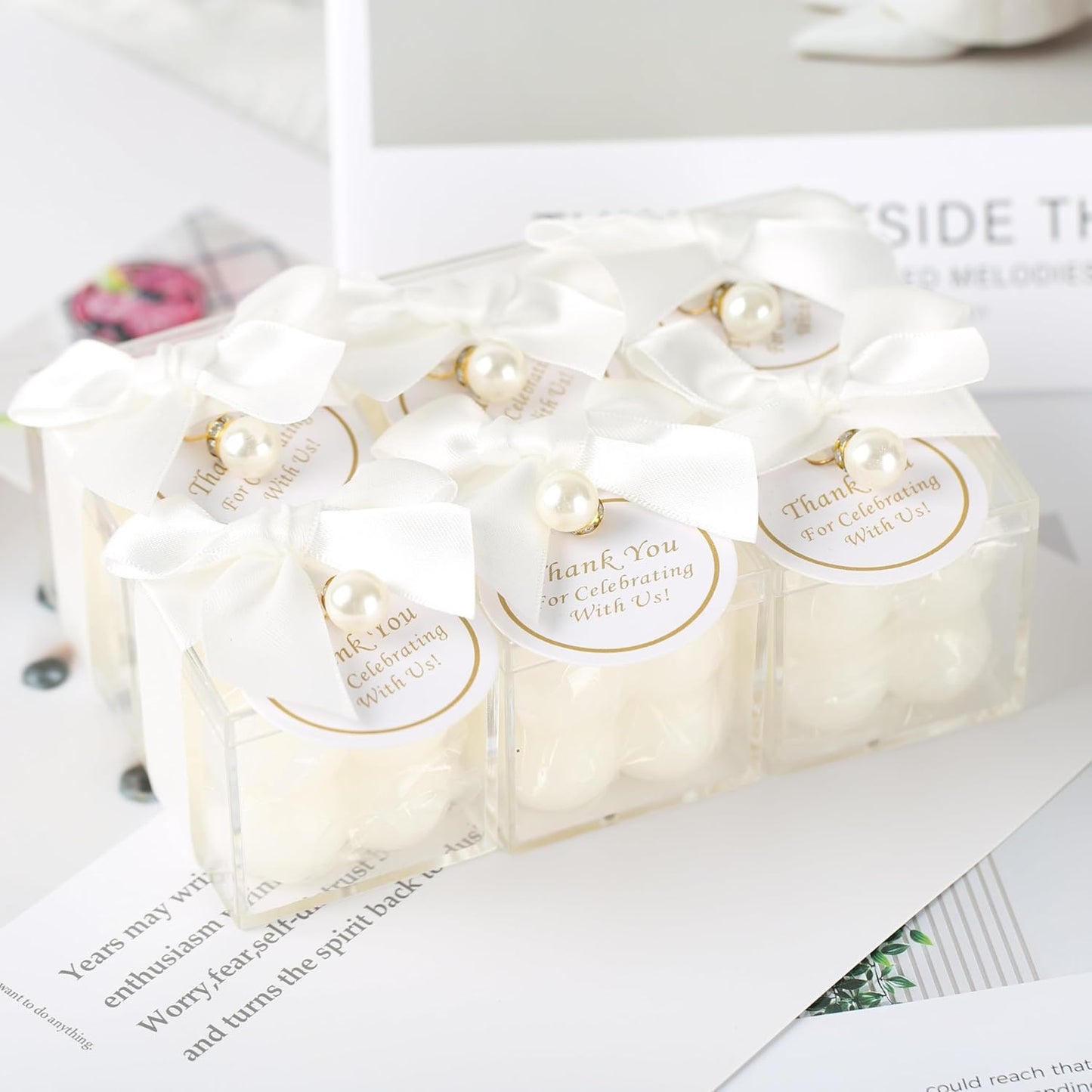 ACITHGL 30 Sets Fully Assembled Small Bubble Candle Party Favors for Guests Bulk Bridal Showers Favors Candles with Stylish Ribbons Thank You Cards Gifts (White)