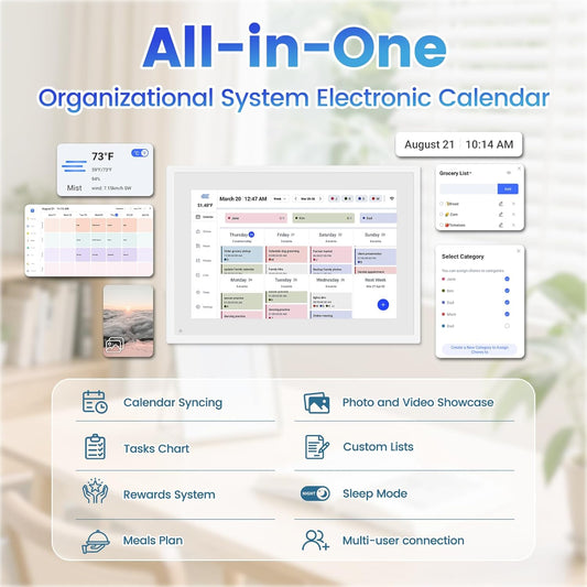 10.1 Inch Digital Calendar,IPS HD Touchscreen Interactive Display,Smart Family Planner,Smart Calendar for Seamless Scheduling,Digital Picture Frame for Displaying Photos/Videos