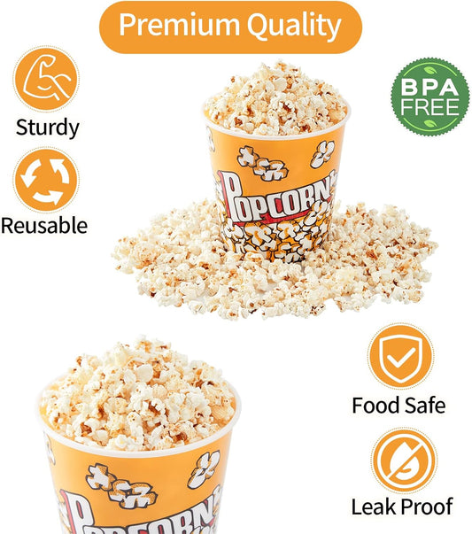 Plastic Popcorn Containers Retro Style Reusable Popcorn Buckets for Movie Night 7.1”x7.1”x5.1” - 4 Pack…