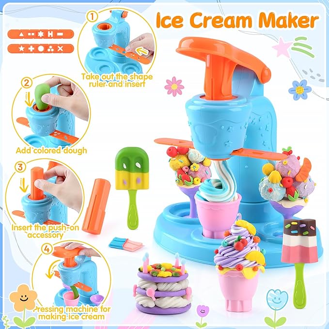 5-in-1 Color Dough Sets for Kids Ages 3+ DIY Food Maker Toys Set with 24 Dough, Arts and Crafts Kit for Pretend Play Ice Cream/Cake/Noodle/Hamburger/Pizza/Baking Set Toys Machines