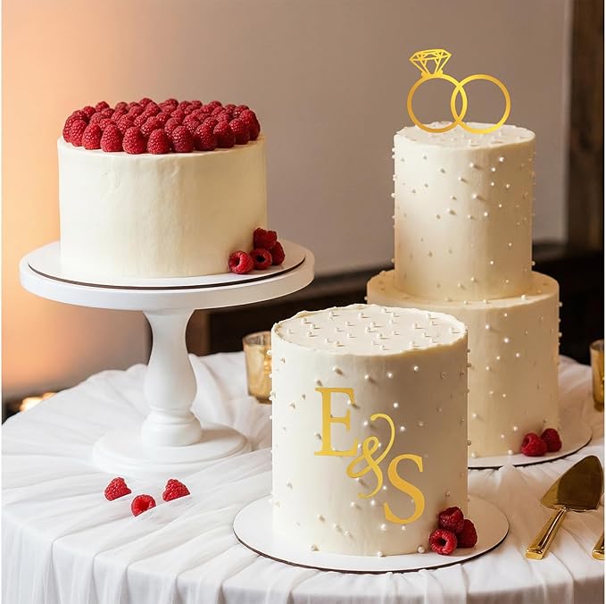 Wedding Cake Toppers Diamond Ring Personalized Cake Topper with 26 Letter Bride and Groom Initial Sign Custom Cakes Topper Wedding Toppers for Cakes - Gold Acrylic