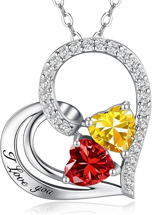 Double Birthstone Heart Necklace 0.8CT Dual-Gemstone S925 Sterling Silver Plated White Gold Engraved I Love You Perfect Anniversary/Valentine's Day Gift for Wife/Girlfriend/Mom/Daughter