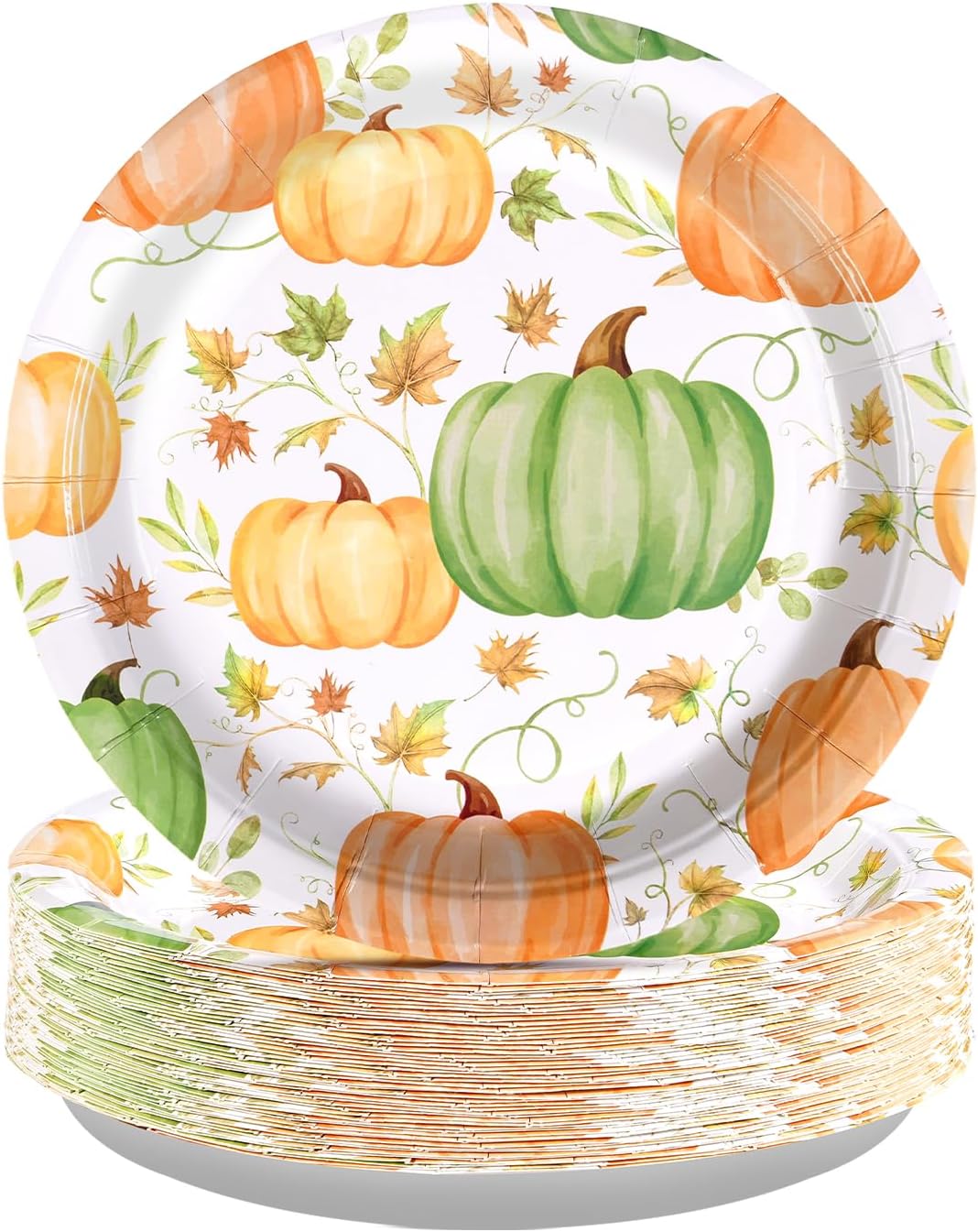 Grencian 50Pcs Fall Pumpkins Paper Plates - 9" Autumn Orange Green Watercolor Pumpkin Paper Plates Fall Leaves Platters Disposable Tableware for Autumn Harvest Thanksgiving Birthday Party Decorations