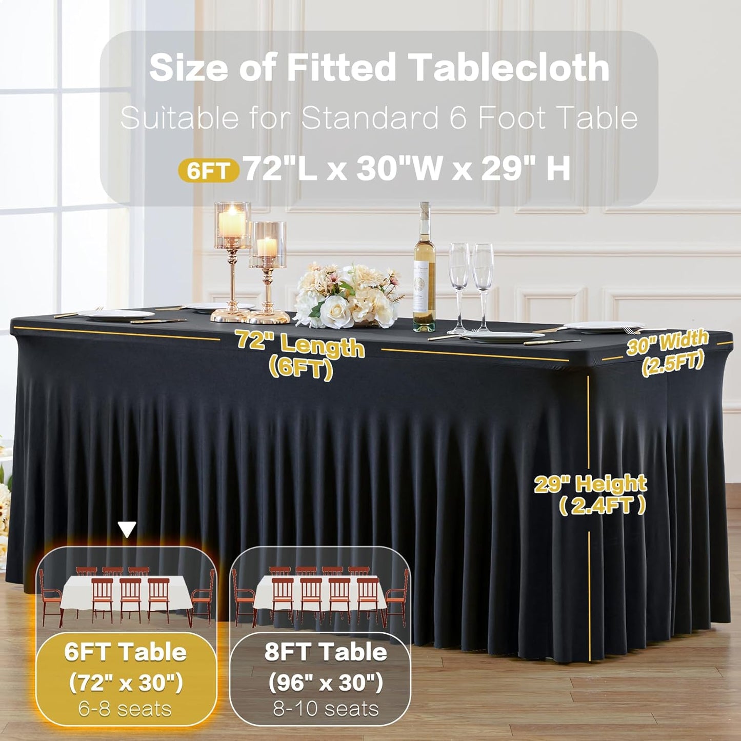 6 Pack Spandex Black Fitted Table Cloth for 6ft Rectangle Tables Black Stretch Tablecloth Table Covers Banquet Table Clothes Wrinkle Free Table Skirt for Parties Wedding