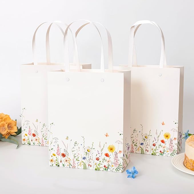 Crisky Paper Gift Bags with Handles, 25 Pack Wildflower Floral Gift Bags Medium Size for Wedding, Bridal Shower Gifts Bag, Baby Shower Party Favor, 10"x8"x4"
