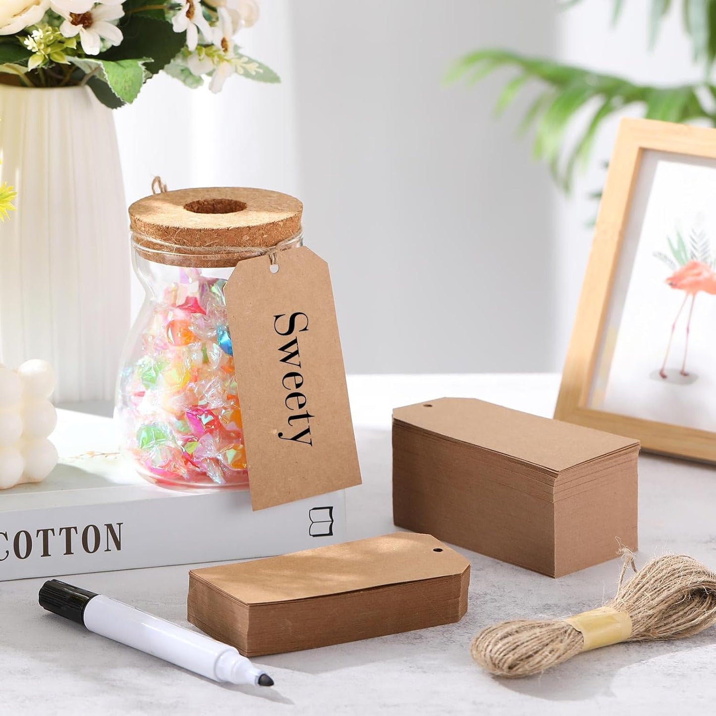 200 Pcs Kraft Paper Gift Tags with String 4.7" x 2.4" Cardboard Price Tag Name Tag Vintage Wedding Birthday Hang Brown Tags with Twine Blank Gift Tag for Wedding Birthday Holiday Art & Craft