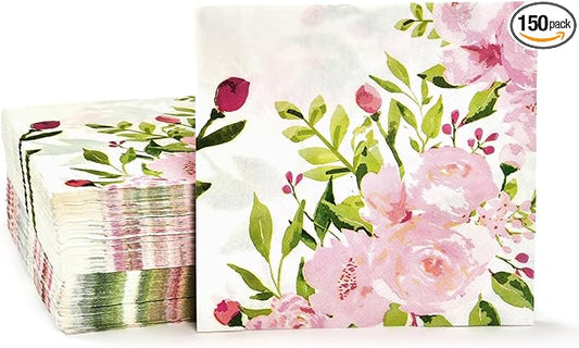 Vintage Floral Party Supplies, White Paper Napkins (6.5 x 6.5 In, 150 Pack)