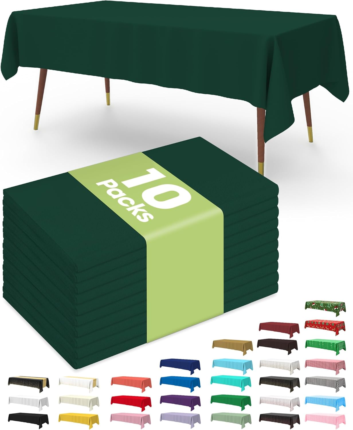 Pureegg Plastic Table Cloth Disposable 10 Pack, 54 x 108 Inch Table Cloths, St Patricks Day, Christmas Decorations, Drak Green Tablecloths, Rectangle, Plastic Cover, Leakproof & Sturdy, Emerald Green