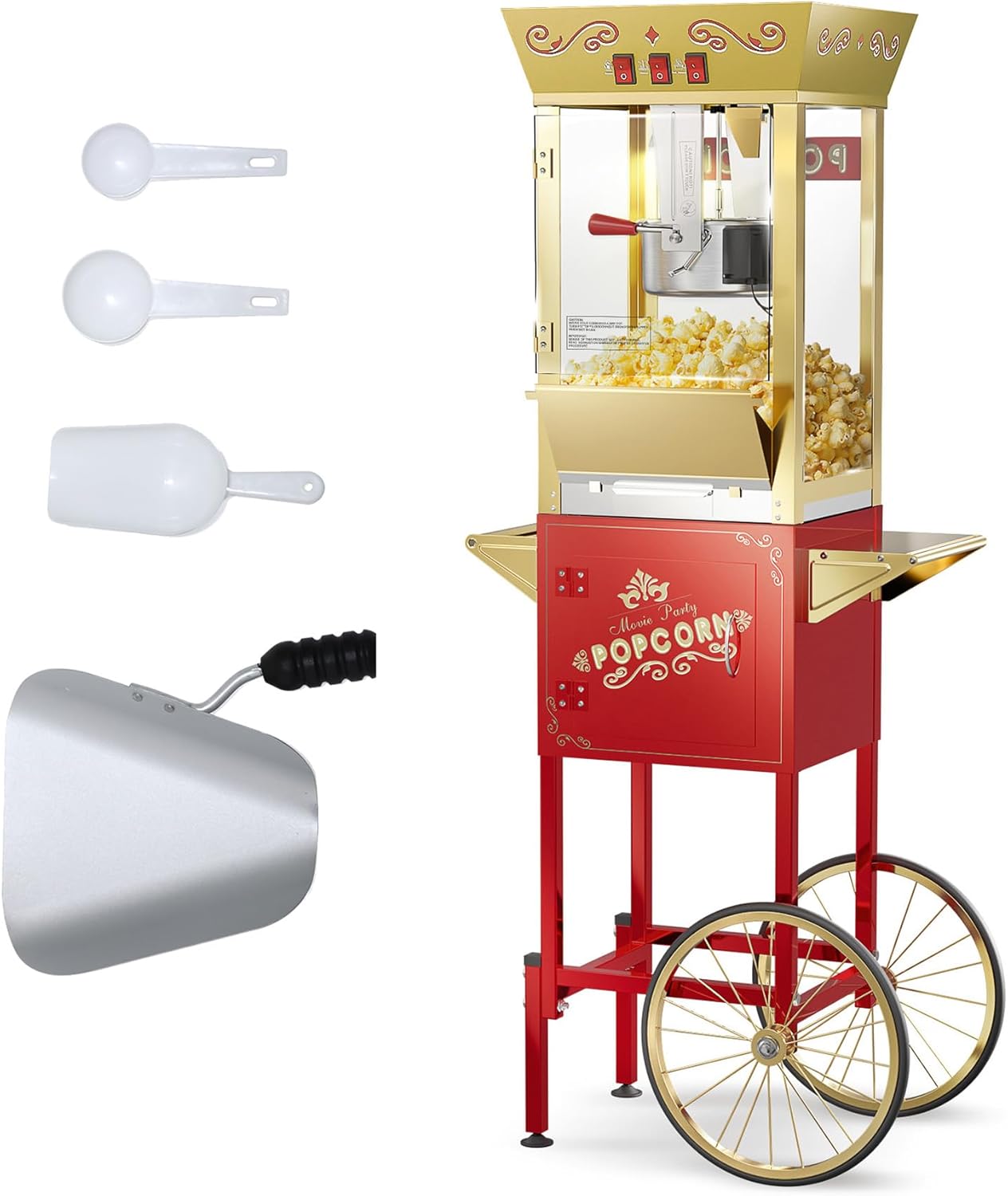 2025 Upgraded 12 oz Popcorn Machine Cart, Popcorn Maker Machine with Stainless-Steel Kettle Makes Up to 48 Cups, Movie Theater Pop Corn Machine with 3-Switch Control & Tempered Glass Doors, Red