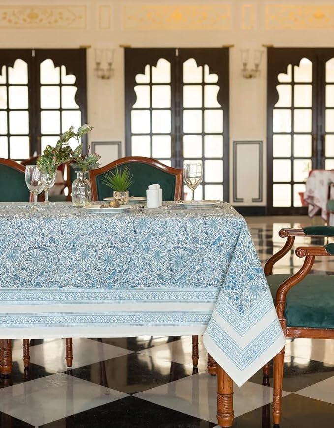 Labhanshi Indian Handblock Print Rectangular Cotton Floral 72x135 Inch 10-Seater Table Cloth|French Ethnic Spring Easter Festive Decor |Bridal Party Indoor & Outdoor Table Cover |Blue Butterfly
