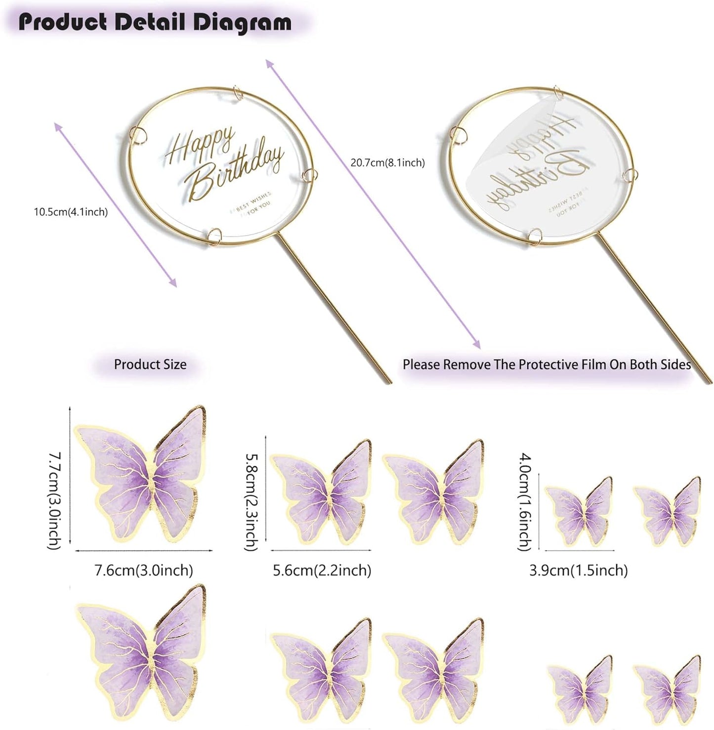 10-Pieces Purple Gold Butterfly Cake Toppers Happy Birthday 1-Metal Gold Birthday Cake Butterfly Party Decorations