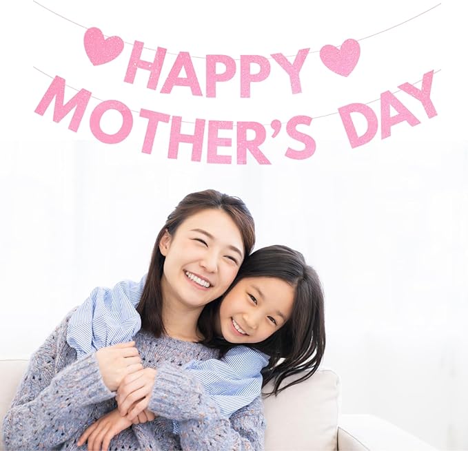 Happy Mother's Day Banner Set Decoration for Mother's Day Party Decorations Backdrop Garland for Mom Mother's Day Glitter Garland Photo Props (Pink Letter)