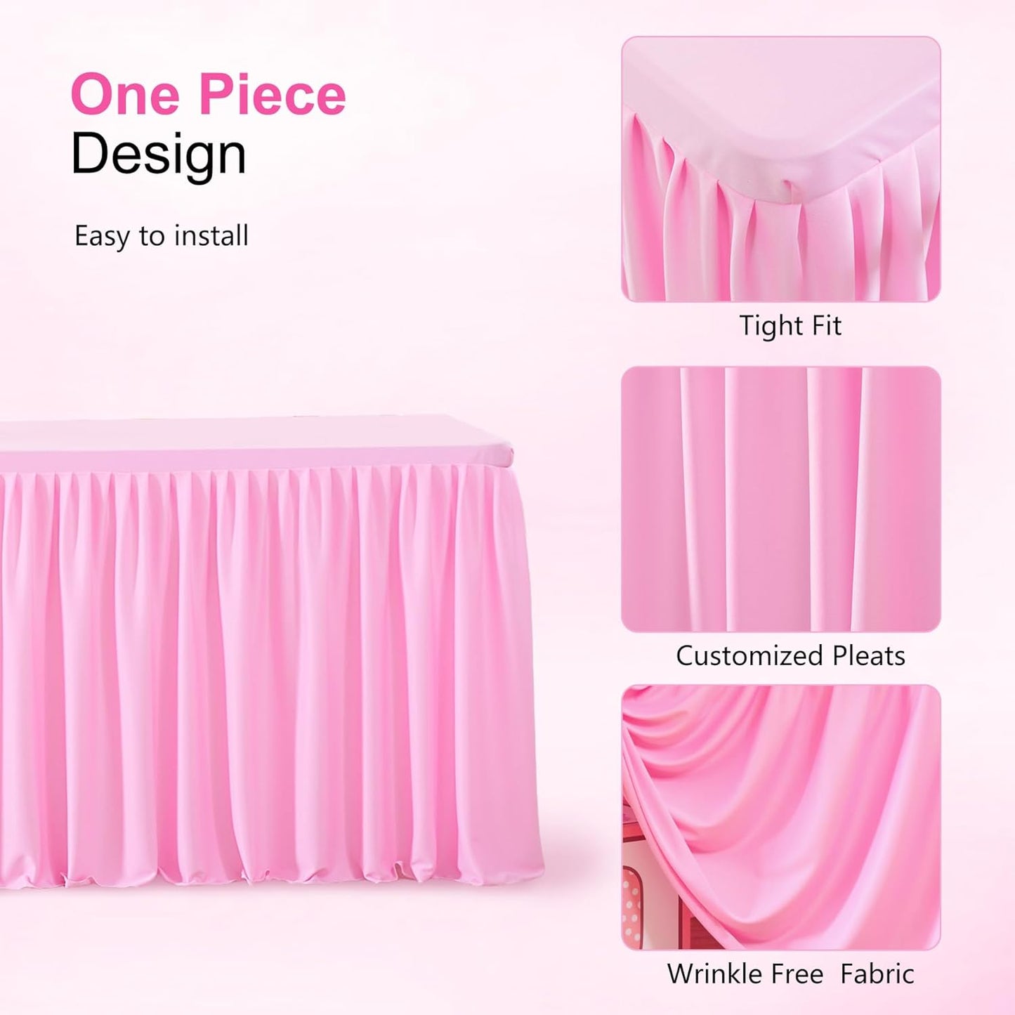 3 Pack Pink Polyester Table Clothes for 6 Foot Rectangle Tables, Wrinkle Free Fitted Table Cover with Pleated Ruffle Table Skirt for Party Baby Shower Wedding Birthday Event Display