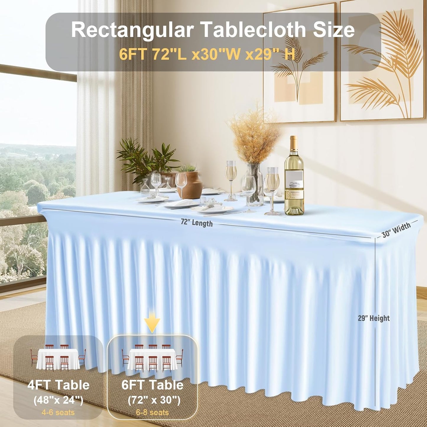 60 Inch Baby Blue Rectangle Tablecloth, 2 Pack Wrinkle-Resistant Fitted Table Cover with Elastic Edge, Washable Dining Table Cloth for Kitchen, Party, Wedding, Buffet, Baby Shower