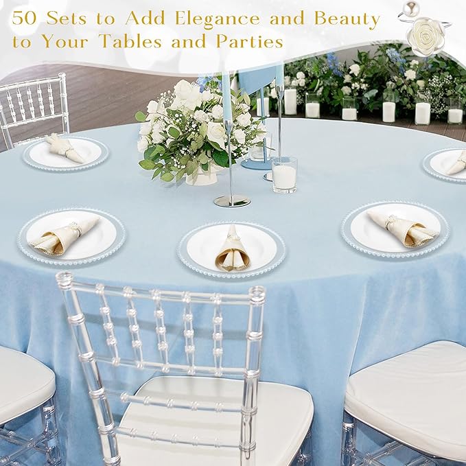 Tioncy 12 Set Clear Charger Plates with Napkin Rings 13 Inch Plastic Round Charger Plates with Bead Rim Dinner Table Decor for Christmas Holiday Party Wedding Tabletop Decoration(Rose,Silver)