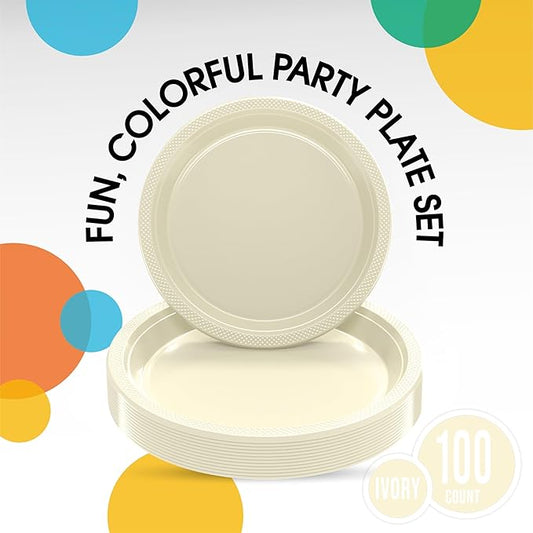 Party Solids Ivory Plastic Plates For Party Supplies, Ivory Disposable Plates 100 Pieces - 50-7" & 50-9" Heavy Duty 350 GSM Disposable Dinnerware Sets, Plastic Dinnerware Sets