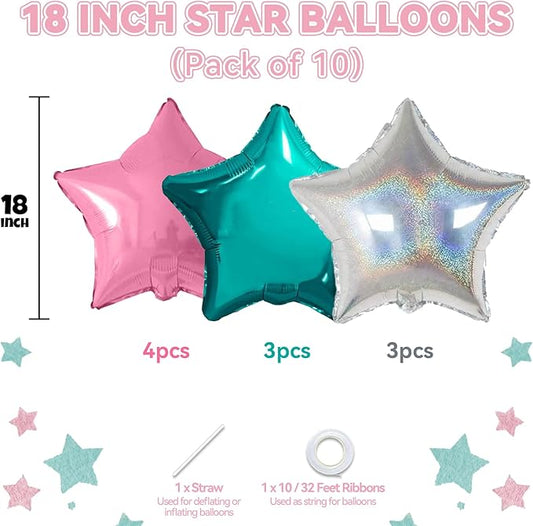 Pink and Teal Blue Star Foil Balloons, 10PCS Laser Silver Foil Stars Shape Balloon, 18 Inch Metallic Turquoise Stars Balloons Helium for Girls Women Birthday, Mermaid, Baby Shower Party Decoration