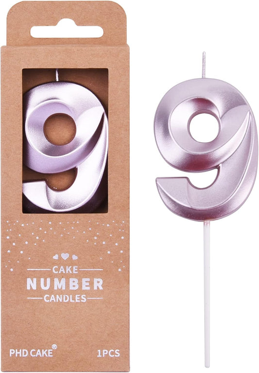 PHD Cake 2.76 Inch Diamond Rose Gold 9 Number Birthday Candles, Rose Gold & Cake Number Candles for Party Celebration