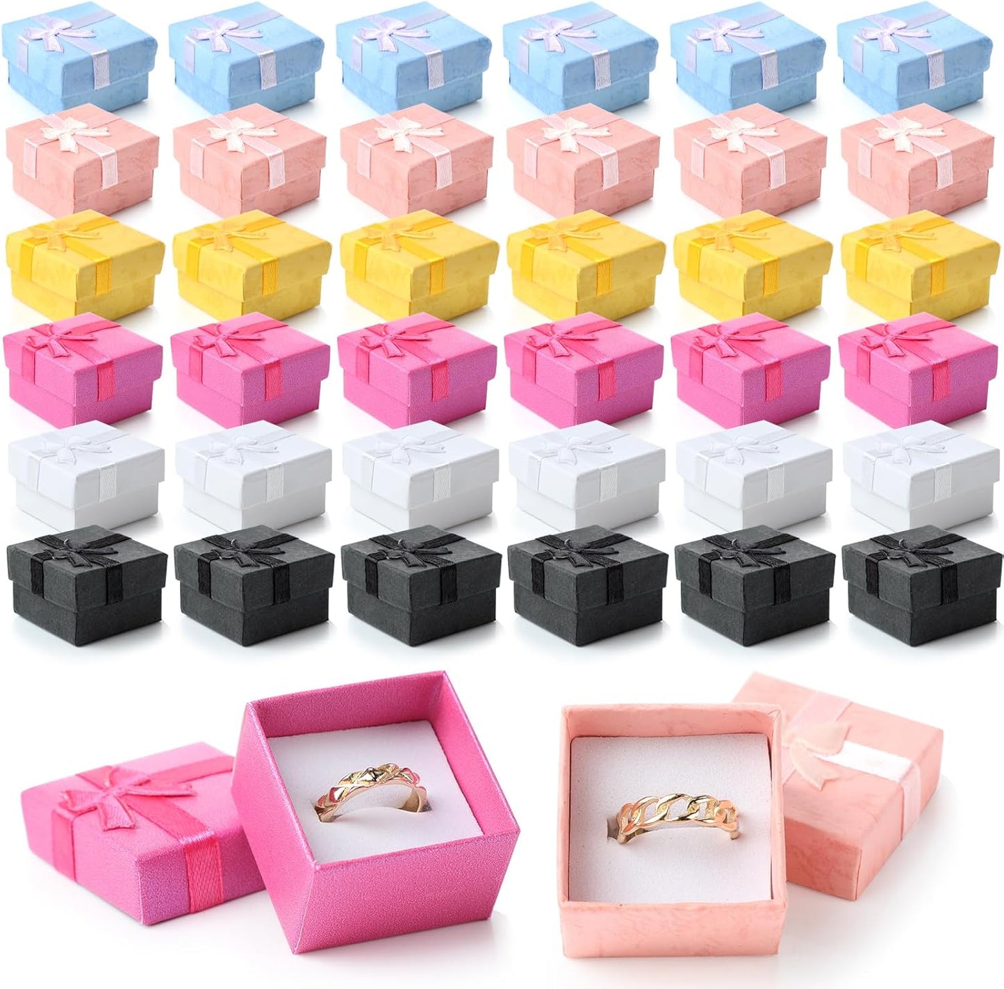72 Pcs Ring Boxes 1.6 x 1.6 In Hard Cardboard Jewelry Box with Ribbon Bow Small Jewelry Gift Cases for Small Business(Bright Color)