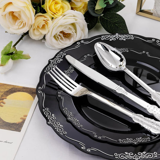 DaYammi 150 Pcs Black Silver Plastic Plates & Silver Plastic Silverware,Black silver Disposable plates for Include 30 Dinner Plate,30 Dessert Plate,30 Knives,30 Forks,30 Spoons for New Year Party
