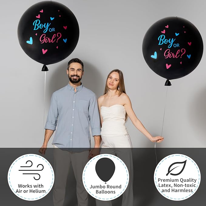 RUBFAC Gender Reveal Balloon Kit, 2pcs 36" Jumbo Black Baby Boy or Girl Balloons with Heart Shaped Paper Confetti, Blue Pink Balloons and Tassels for Baby Shower Gender Reveal Party
