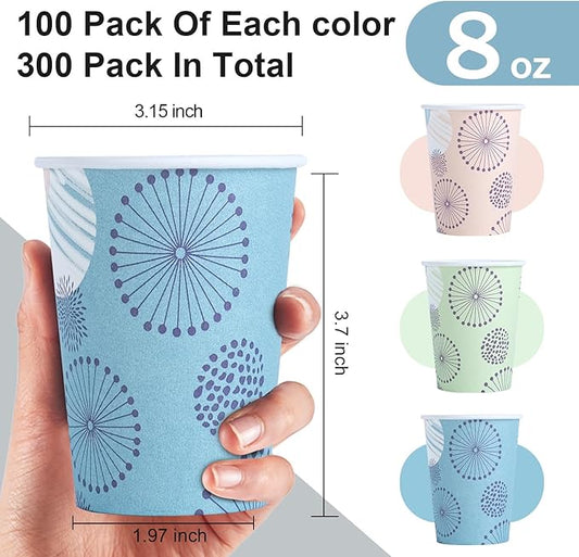 [300 Pack 8 OZ Paper Cups, Disposable Coffee Cups 8 oz Colourful Hot/Cold Beverage Drinking Cups for Office Party Home Picnic