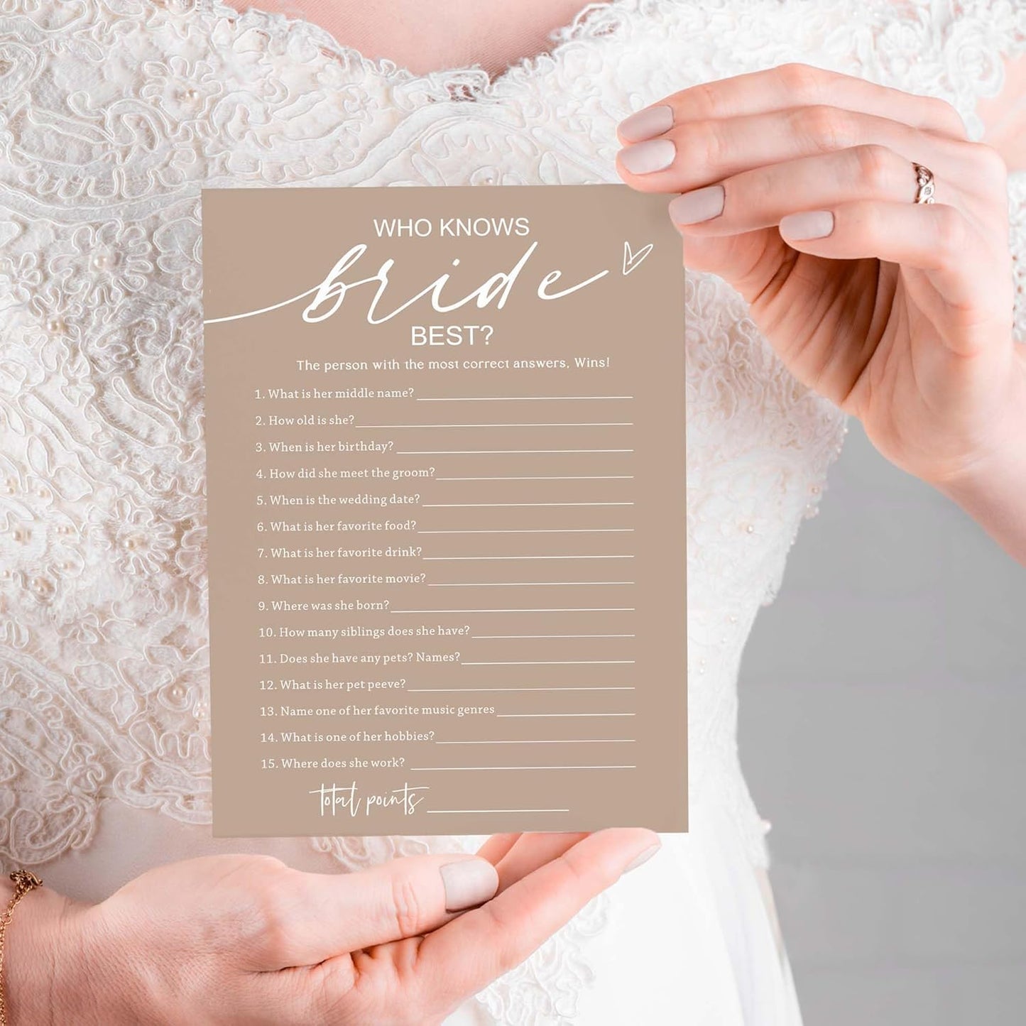 Bridal Shower Games Cards, Who Knows The Bride Best, 25 Guest Engagement Party Wedding Games - Minimalist Brown Wedding Party Supplies D03