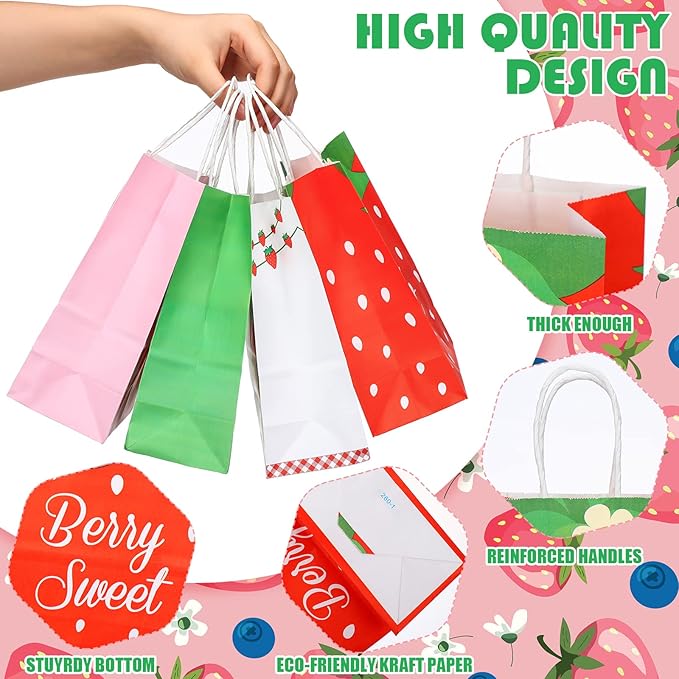 Outus 24 Pcs Strawberry Party Favor Bags Summer Strawberry Gift Bags Cute Strawberry Goodie Candy Paper Bags with Handles for Kids Berry First Birthday Party Supplies Baby Shower Wedding Decoration