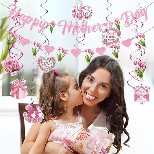 Happy Mother's Day Banner Set Decoration for Mother's Day Party Decorations Backdrop Garland for Mom Mother's Day Glitter Garland Photo Props (flower)