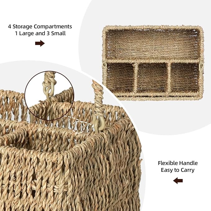 Wicker Flatware Organizer, Seagrass Cutlery Holder, Outdoor Silverware Caddy, Woven Divided Utensil Caddy with Handle, Utensil Holder for Forks, Knives, Spoons, Napkins (Natural Seagrass)