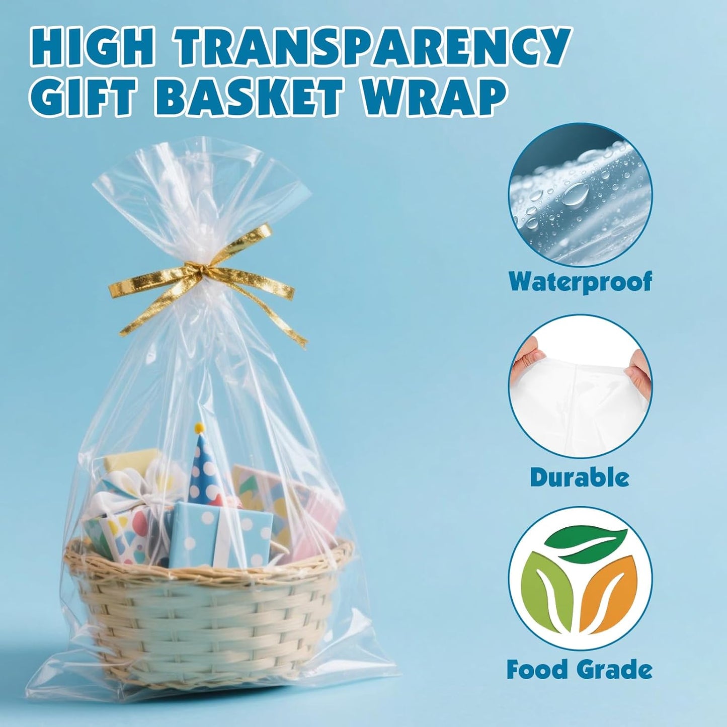 NUITPY 40 Pcs Cellophane Bags, 16 x 24 Inchs Cellophane Wrap for Gift Baskets, Durable Cellophane Gift Bag, Clear Basket Bag - Complimentary 40 Pcs Golden Twist Ties