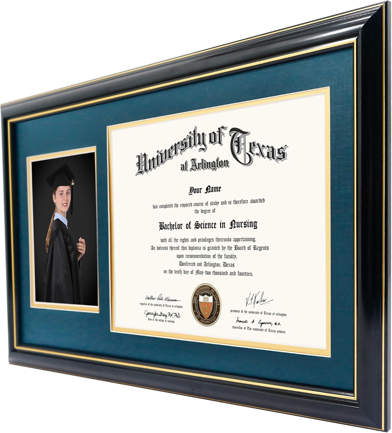 GraduationMall 11x19 Black Diploma and Photo Frame for 8.5x11 Certificate,5x7 Picture,Tempered Glass,Navy Blue over Gold Double Mat