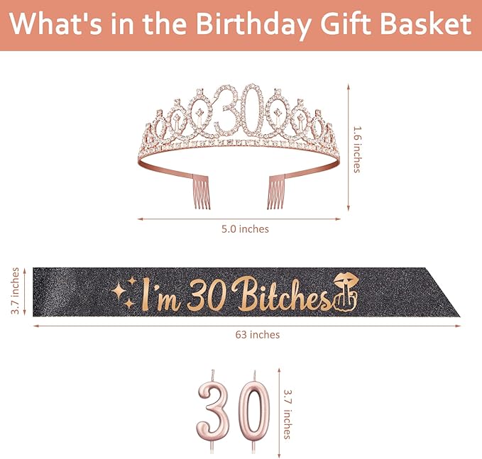 30th Birthday Decoration for Her with I'm 30 Bitches Sash, Rose Gold Tiara, Rose Gold Numbers 30 Candles, Sincere 30th Birthday Gifts for Women